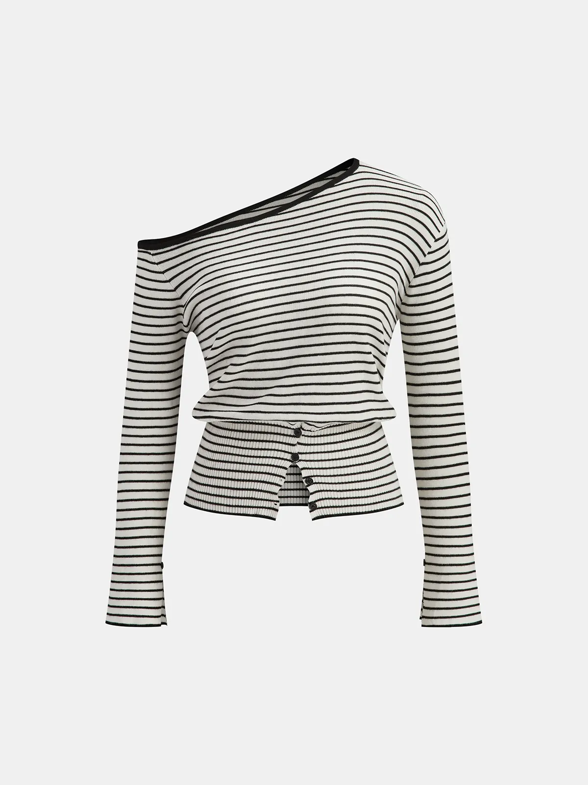 Striped Asymmetric Neck Slit Knit Top sold by COMMENSE