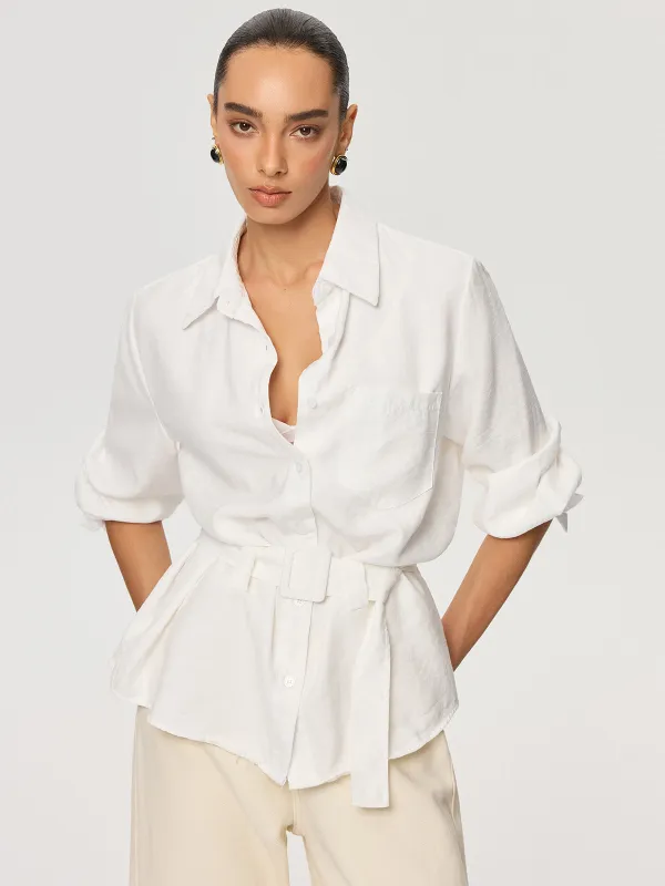 Long Sleeve Belted Cotton Shirt sold by COMMENSE