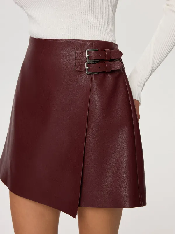 PU Leather Asymmetric Skirt with Double-Belt Detail sold by COMMENSE