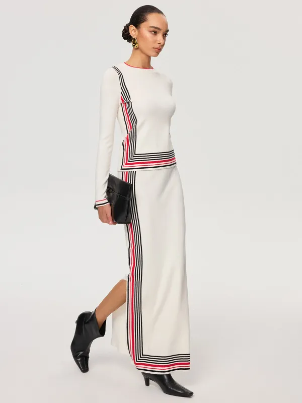 Striped Wool-Blend Slit Maxi Skirt sold by COMMENSE
