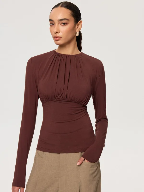Ruched Long Sleeve Round Neck Knit Blouse sold by COMMENSE