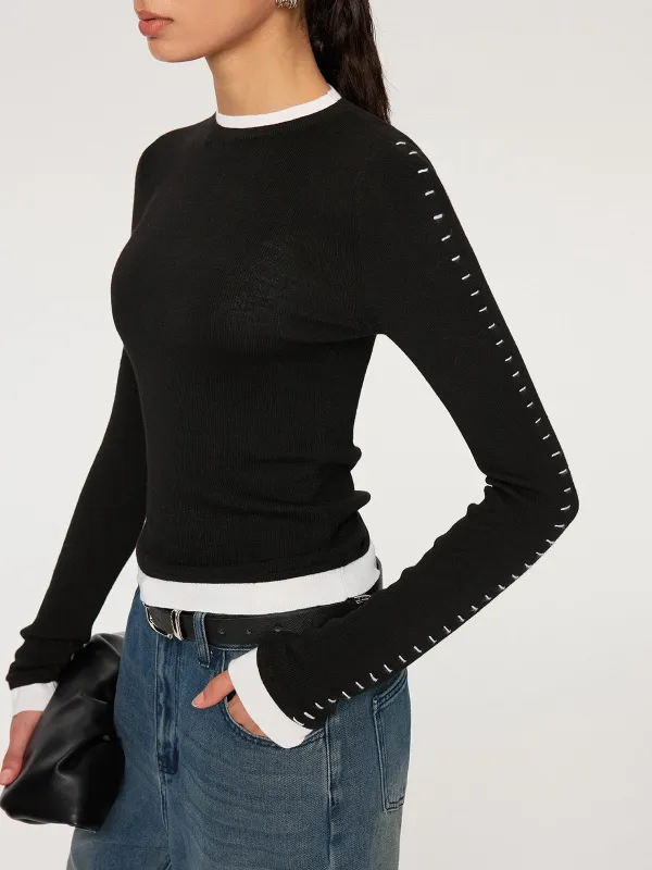 Contrast Stitch Wool-Blend Knit Top sold by COMMENSE