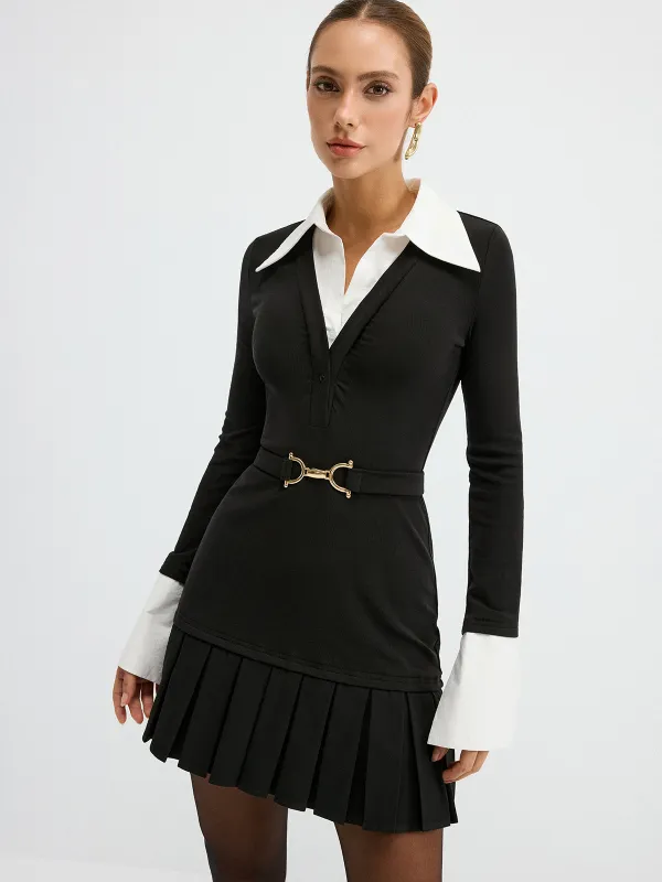 Contrast Shirt Paneled Belted Pleated Mini Dress sold by COMMENSE