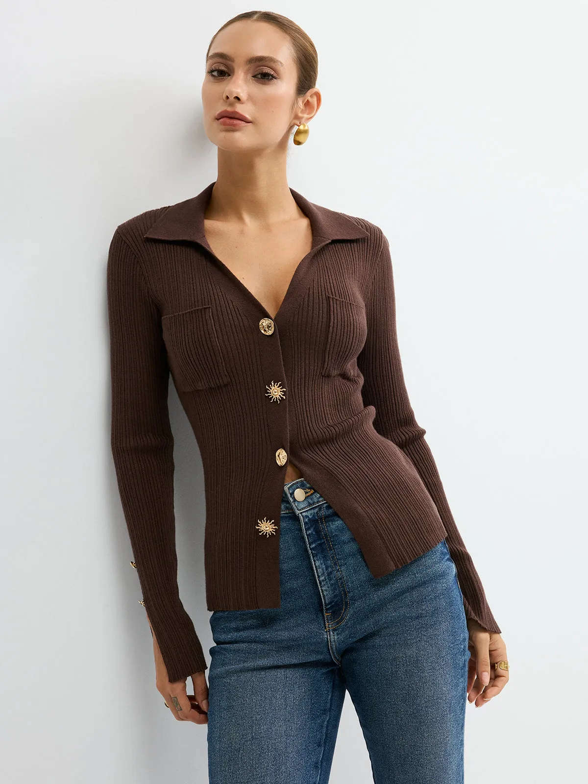 Polo Neck Ribbed Knit Top sold by COMMENSE