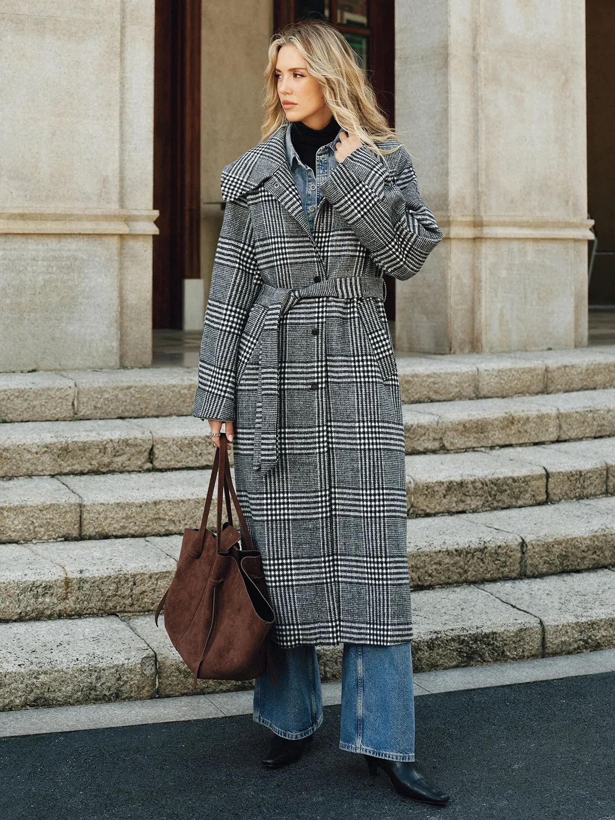 Belted Plaid Tweed Long Coat sold by COMMENSE product image thumbnail 4