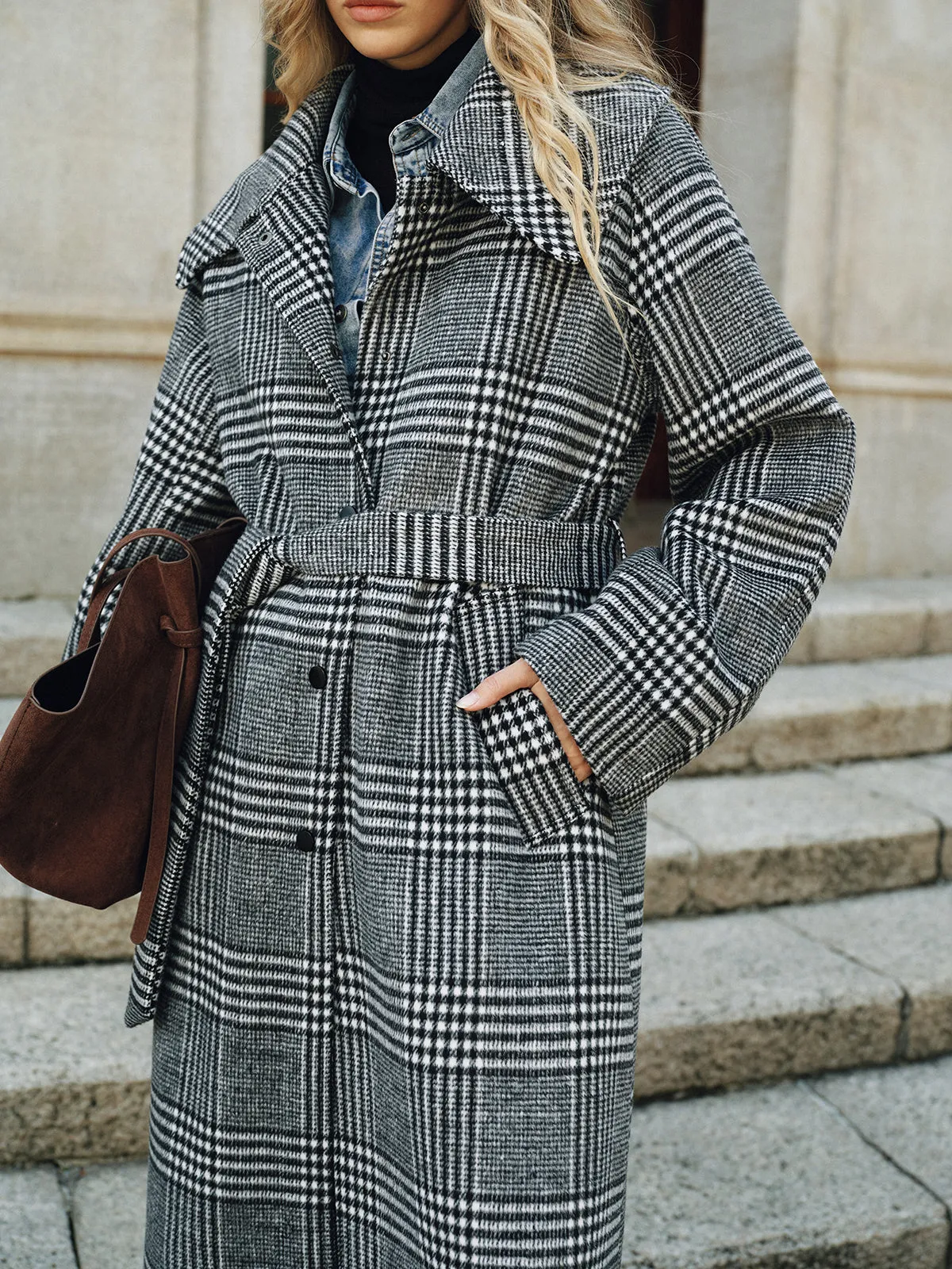 Belted Plaid Tweed Long Coat sold by COMMENSE product image thumbnail 5