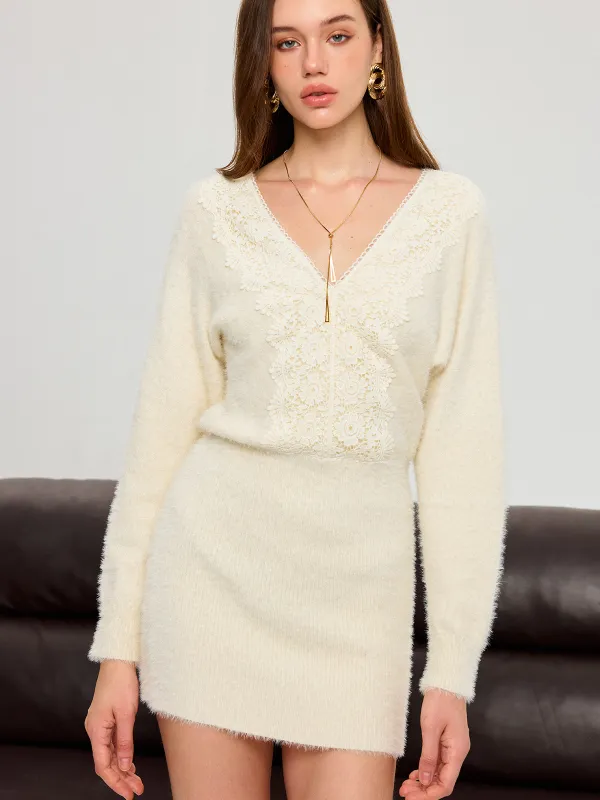 Lace Detail V-Neck Fuzzy Knit Mini Dress sold by COMMENSE