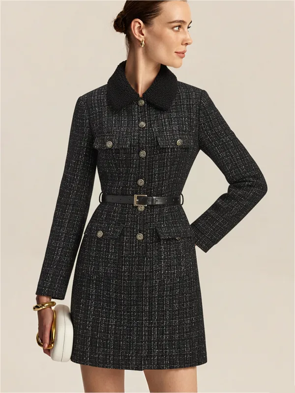 Faux Fur Collar Tweed Belted Mini Dress sold by COMMENSE