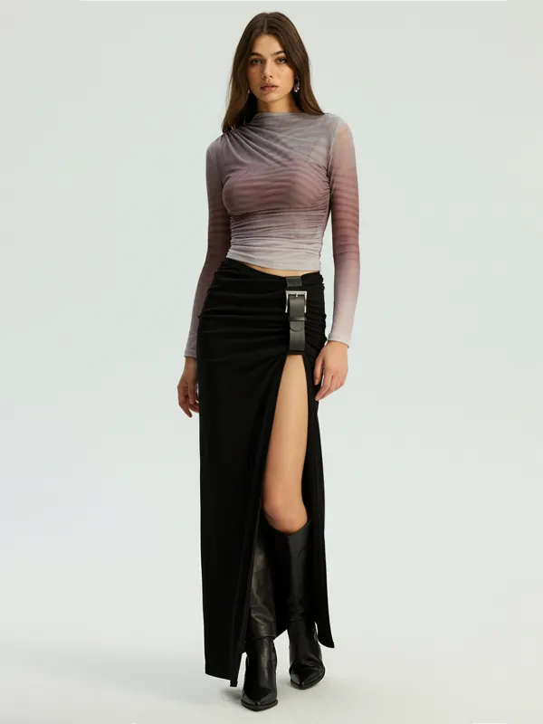 High Slit Belted Ruched Maxi Skirt sold by COMMENSE