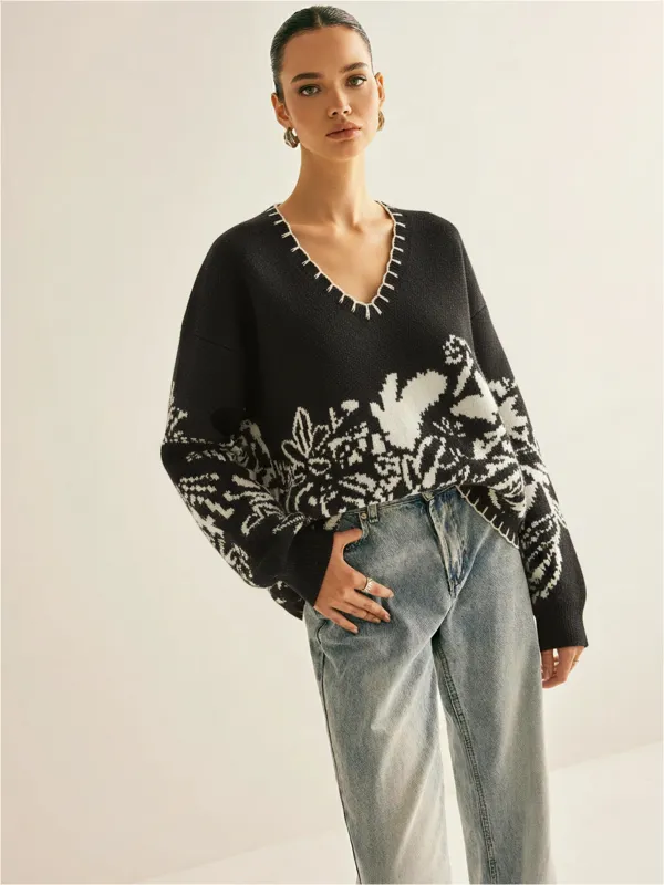 Floral Pattern V-Neck Sweater sold by COMMENSE