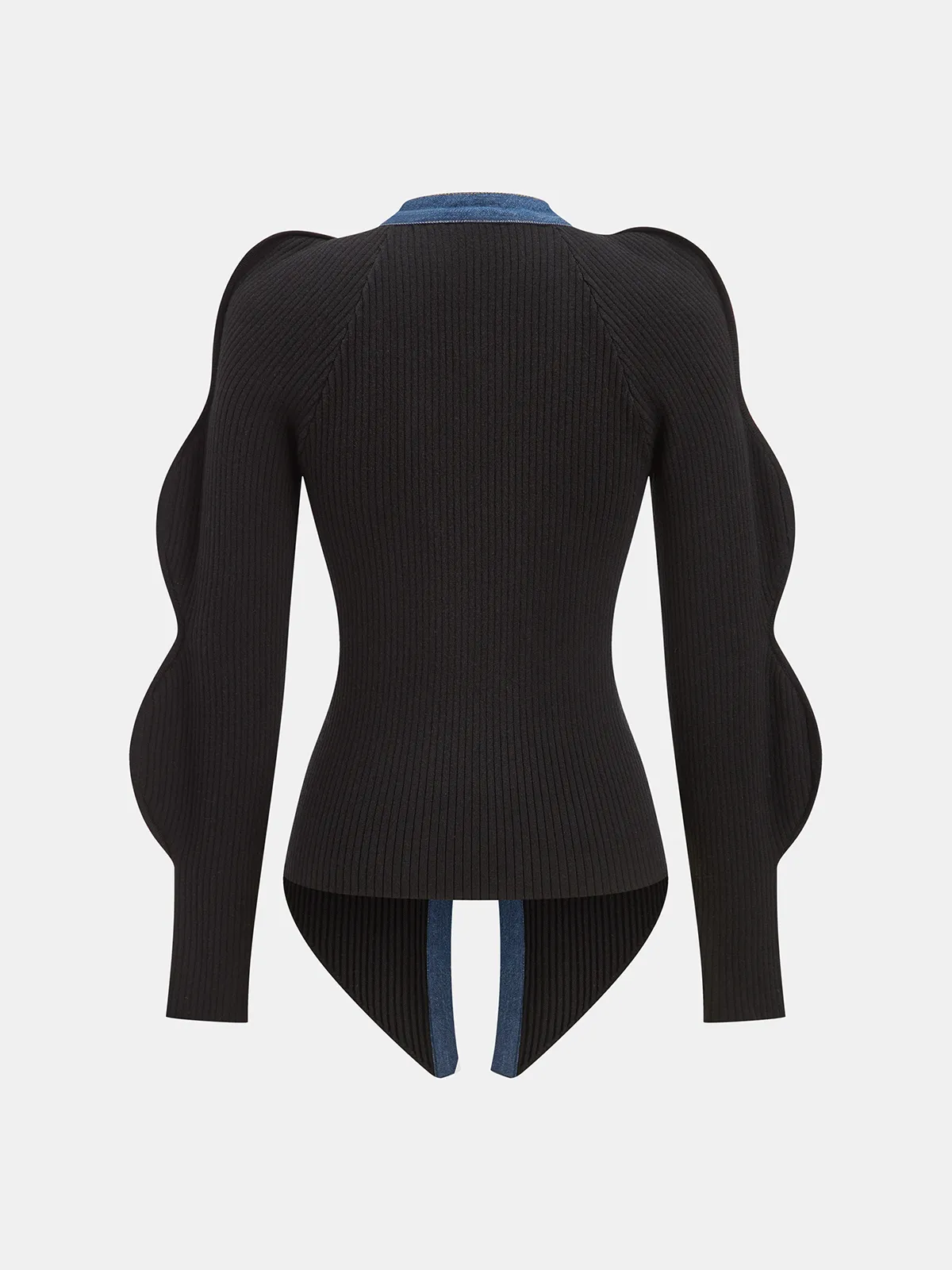 Scalloped Sleeve Denim Paneled Ribbed Cardigan sold by COMMENSE product image thumbnail 5