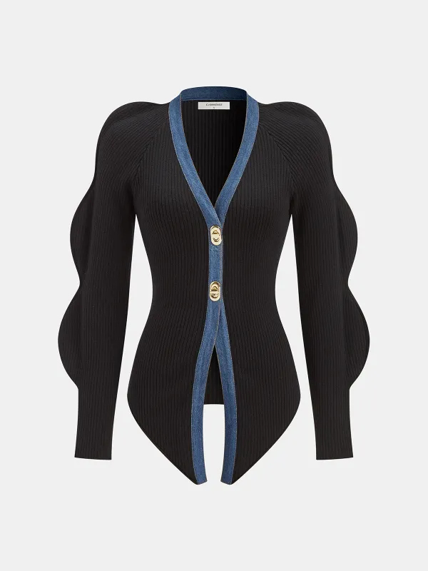 Scalloped Sleeve Denim Paneled Ribbed Cardigan sold by COMMENSE