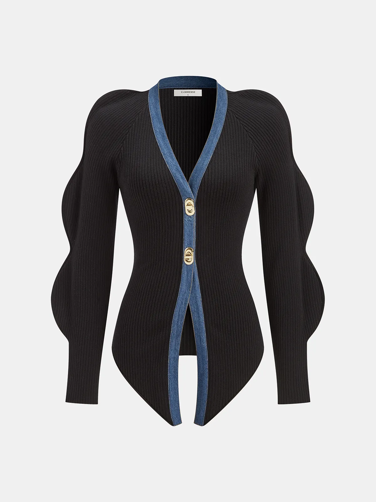 Scalloped Sleeve Denim Paneled Ribbed Cardigan sold by COMMENSE