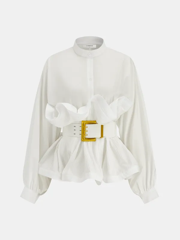 Stand Collar Belted Ruffled Shirt sold by COMMENSE