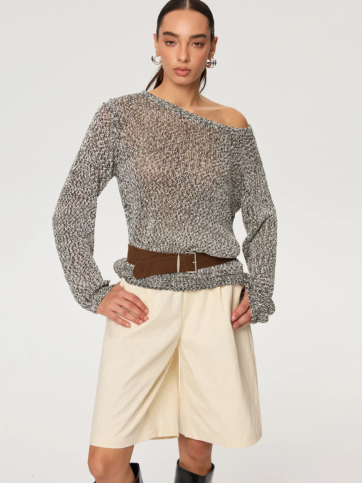 Off-Shoulder Belted Marled Sweater sold by COMMENSE product image thumbnail 3