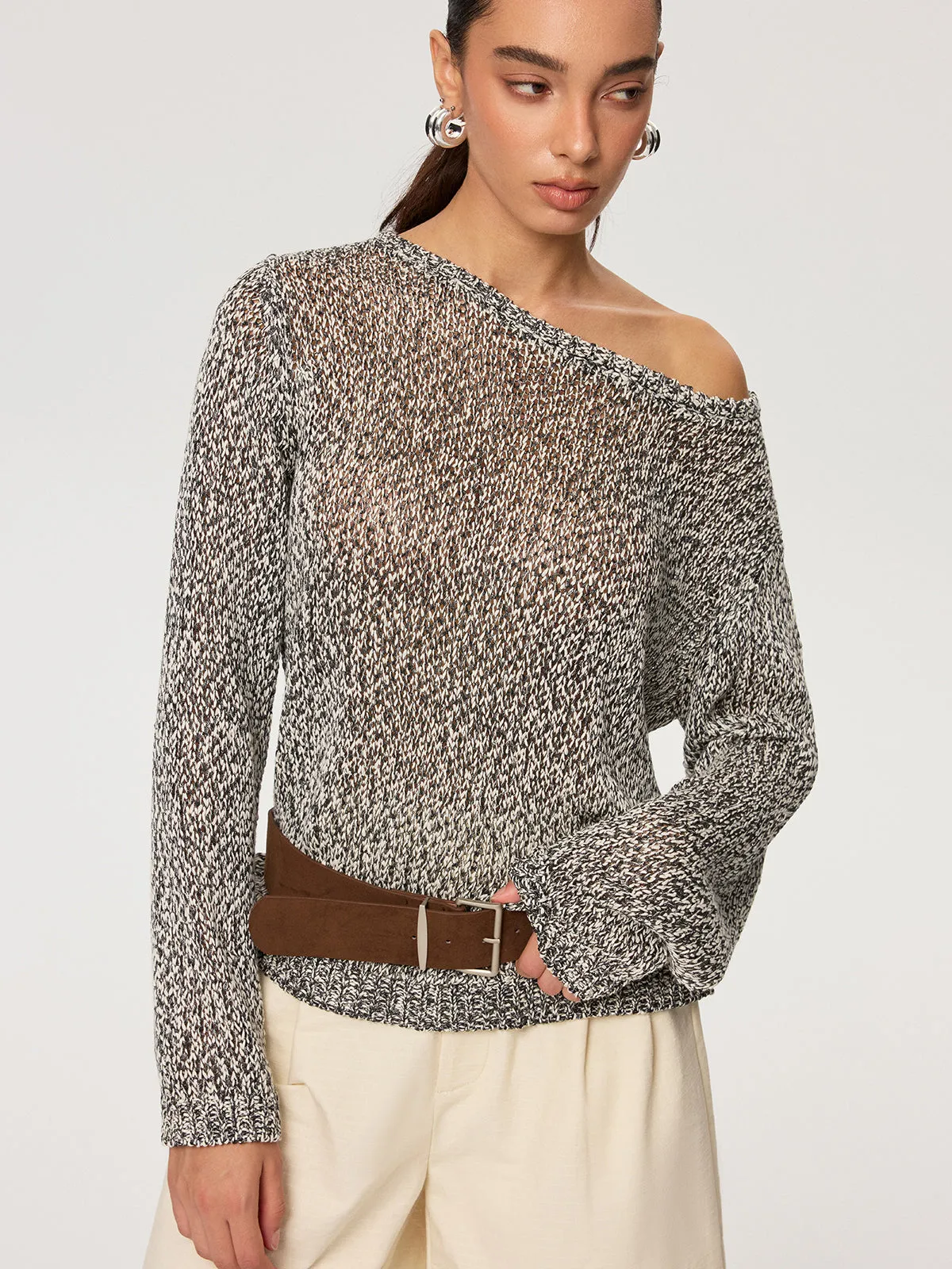 Off-Shoulder Belted Marled Sweater sold by COMMENSE product image thumbnail 4