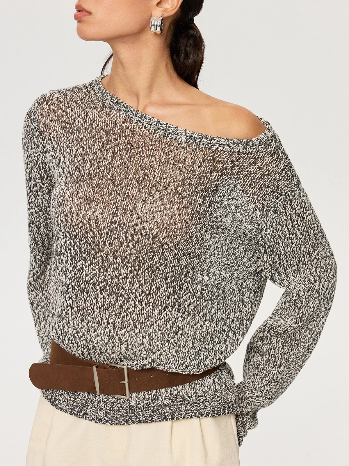 Off-Shoulder Belted Marled Sweater sold by COMMENSE