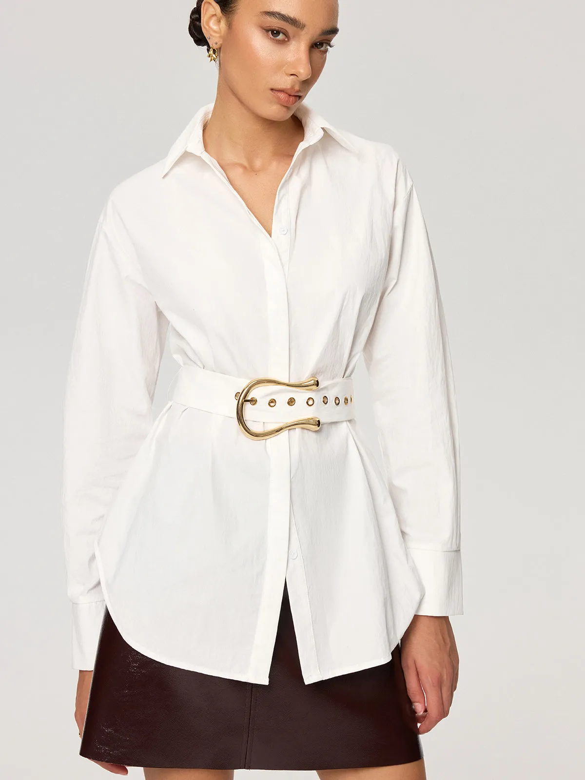 Cotton Blend Shirt with Metal Buckle Belt sold by COMMENSE