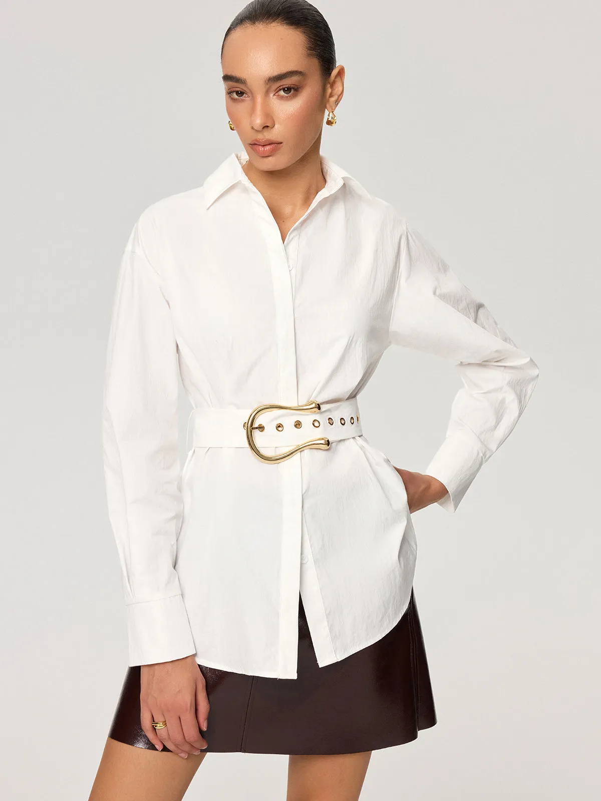 Cotton Blend Shirt with Metal Buckle Belt sold by COMMENSE product image thumbnail 3