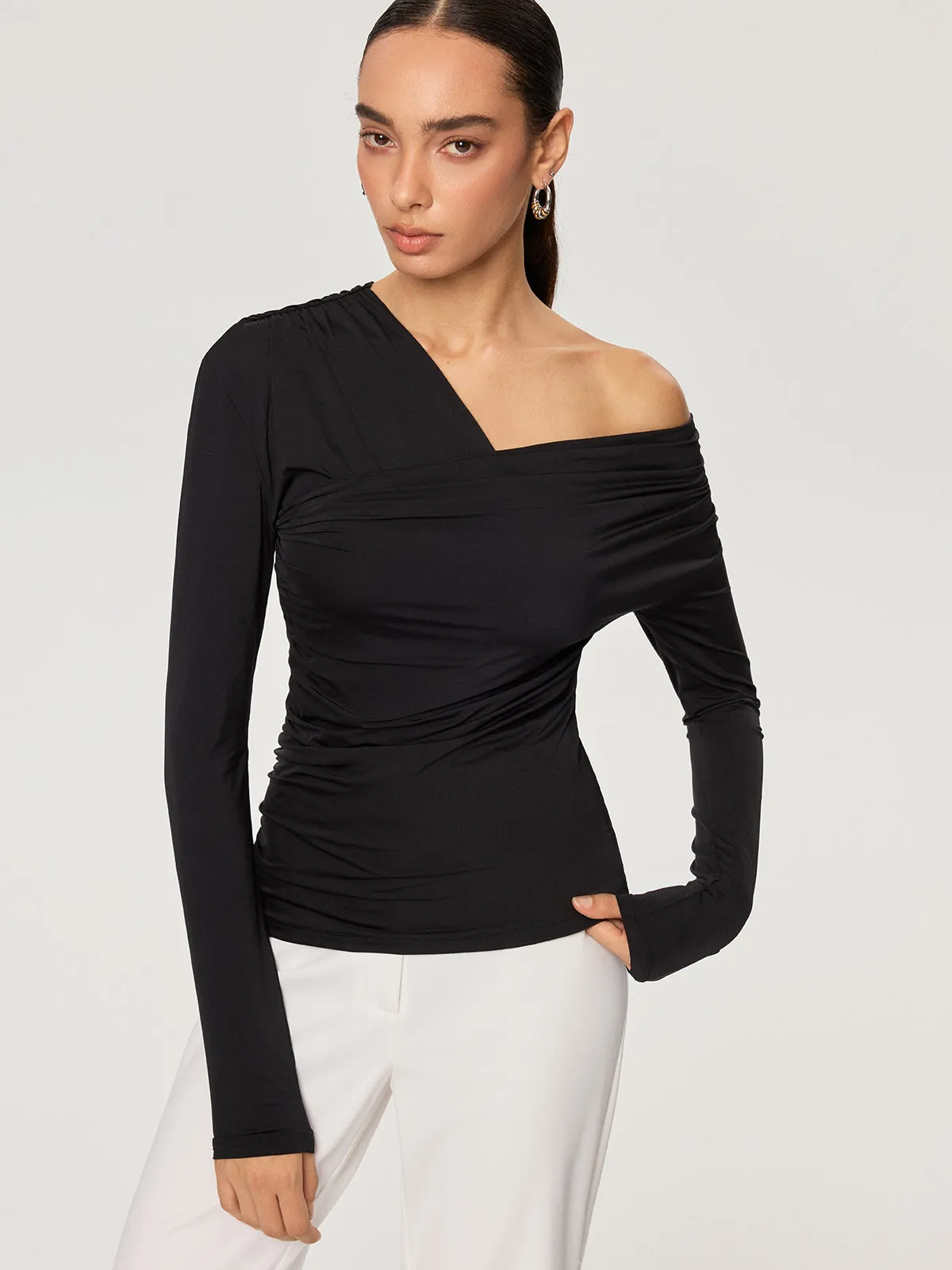 Off-Shoulder Ruched T-Shirt sold by COMMENSE product image thumbnail 2