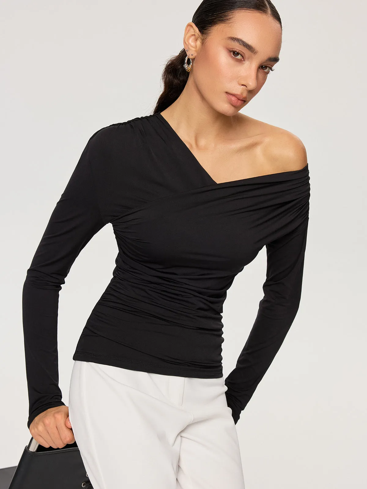 Off-Shoulder Ruched T-Shirt sold by COMMENSE