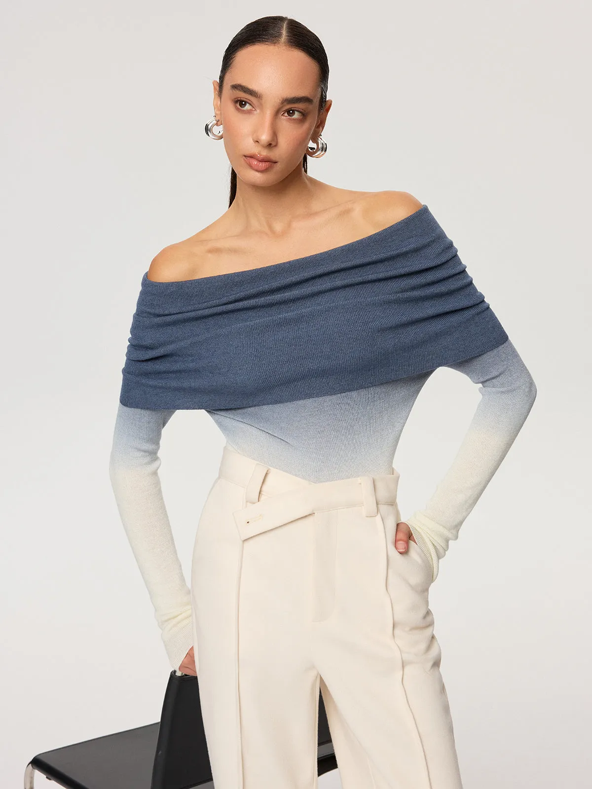 Off-Shoulder Ombre Wool Blend Knit Top sold by COMMENSE