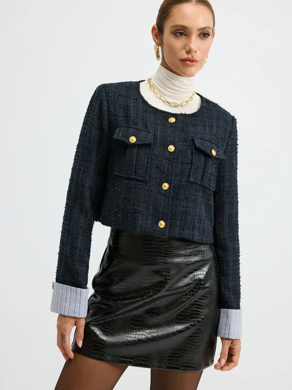 Tweed Cuffed-Sleeve Cropped Wool Blend Jacket sold by COMMENSE