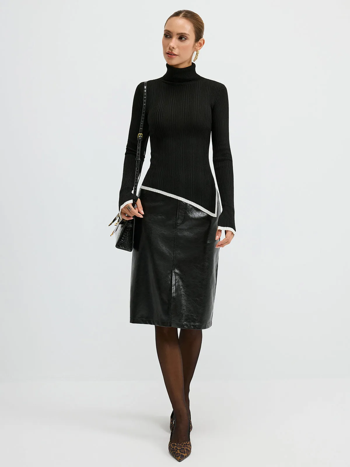 Turtleneck Contrast Trim Slit Wool Blend Knit Top sold by COMMENSE product image thumbnail 3