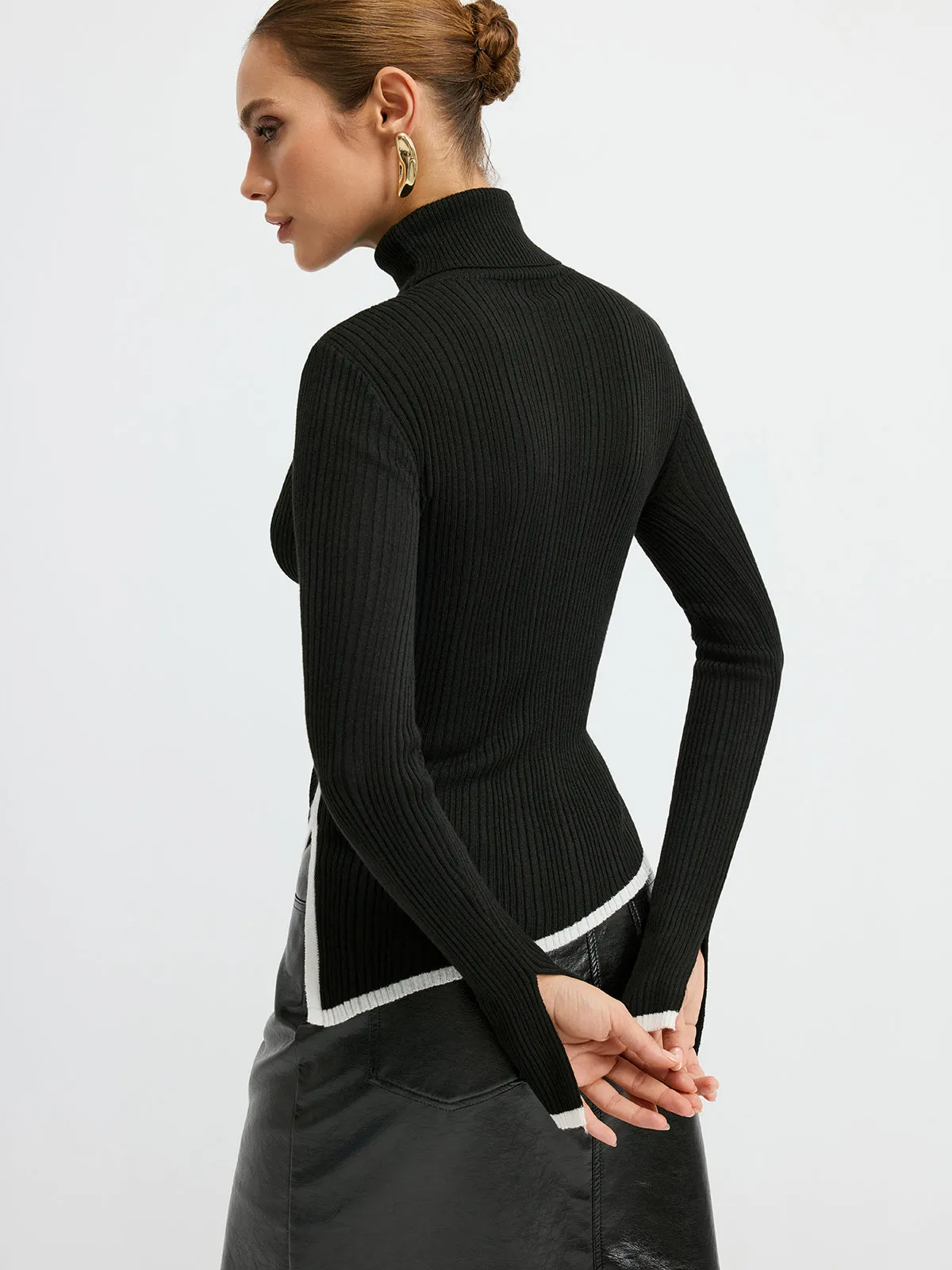 Turtleneck Contrast Trim Slit Wool Blend Knit Top sold by COMMENSE product image thumbnail 4
