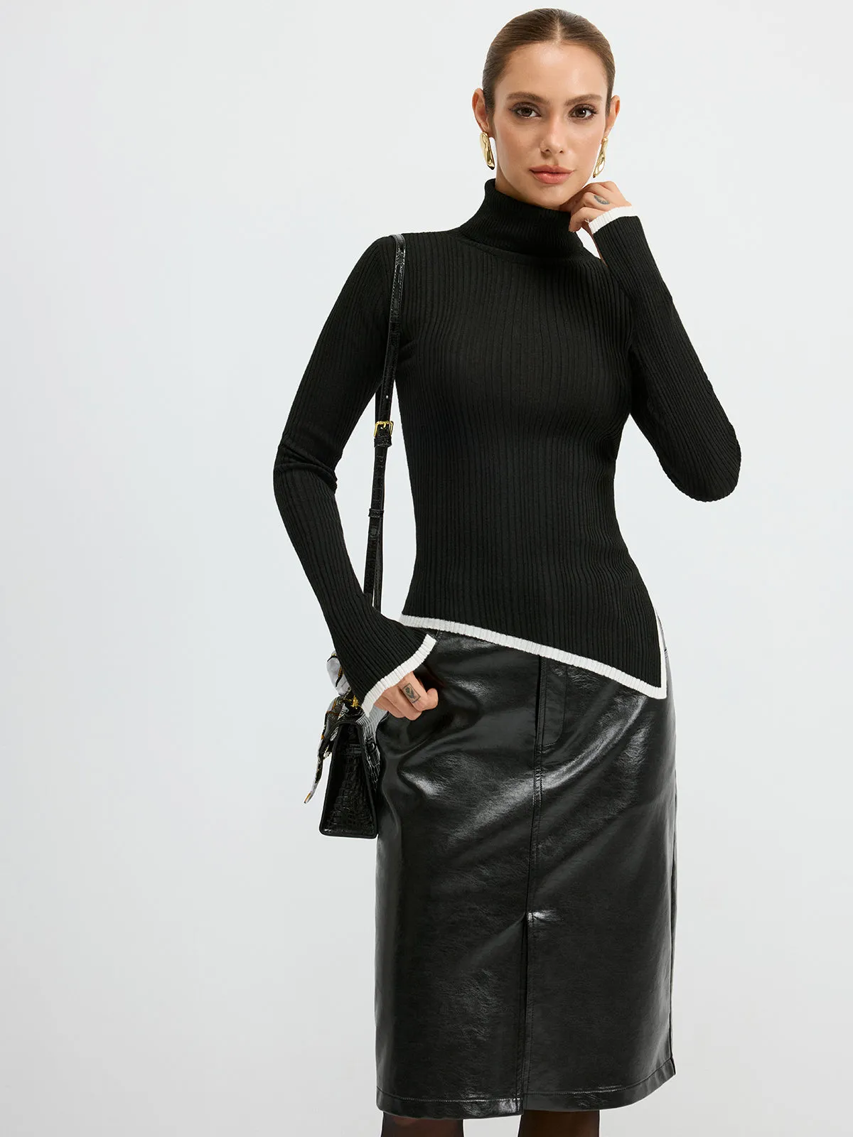 Turtleneck Contrast Trim Slit Wool Blend Knit Top sold by COMMENSE product image thumbnail 5
