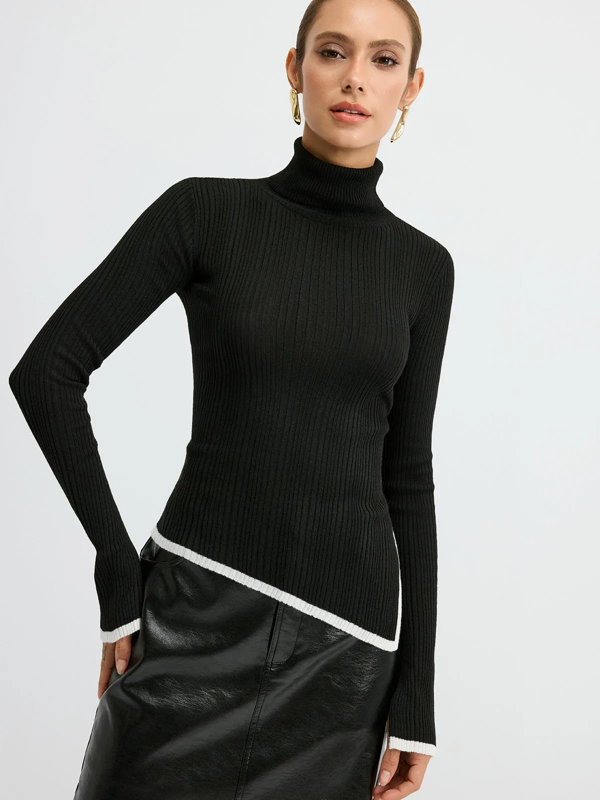 Turtleneck Contrast Trim Slit Wool Blend Knit Top sold by COMMENSE