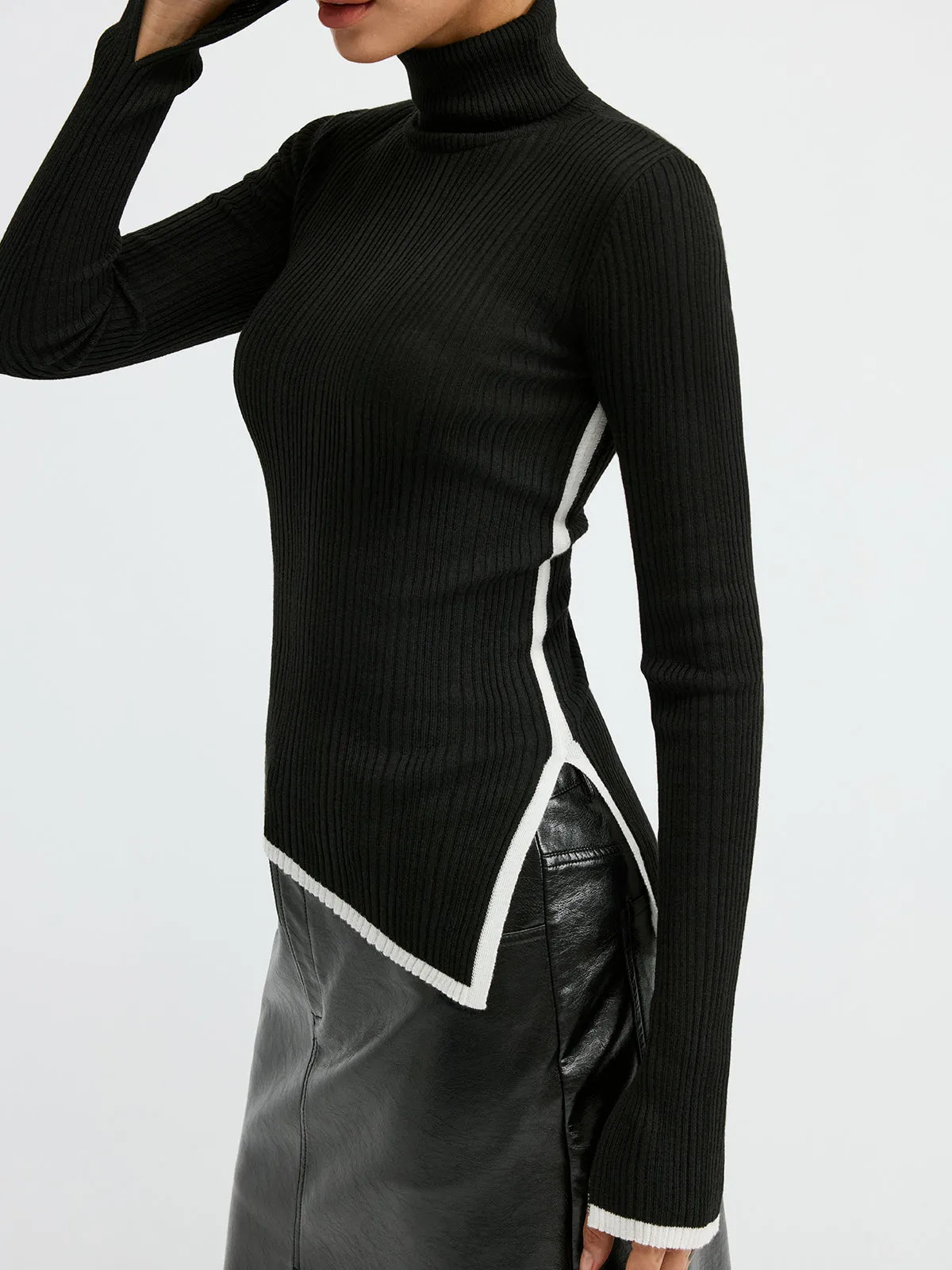 Turtleneck Contrast Trim Slit Wool Blend Knit Top sold by COMMENSE product image thumbnail 2