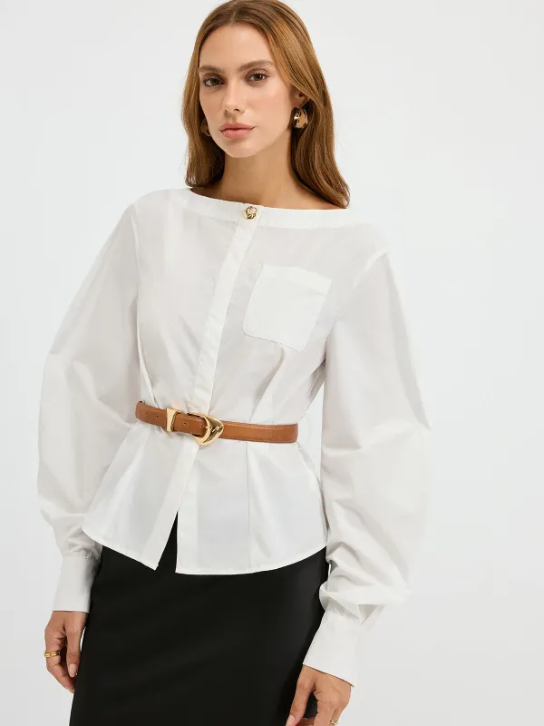 Boat Neck Curved Sleeve Belted Shirt sold by COMMENSE