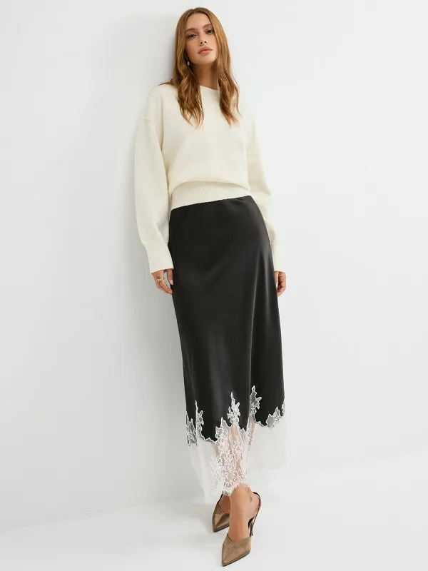 Lace Hem Satin Maxi Skirt sold by COMMENSE