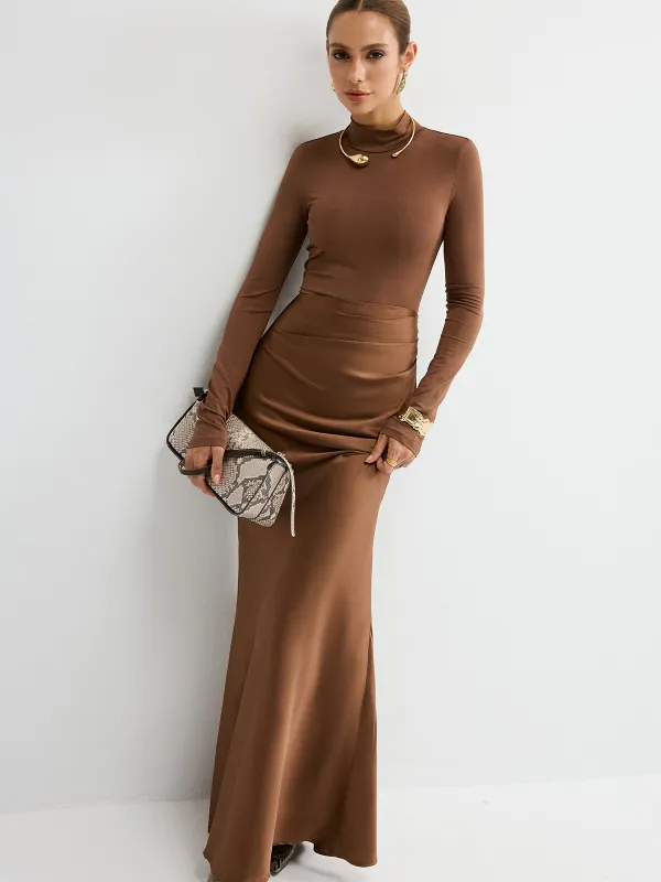 Satin Panel Mock Neck Long Sleeve Maxi Dress sold by COMMENSE