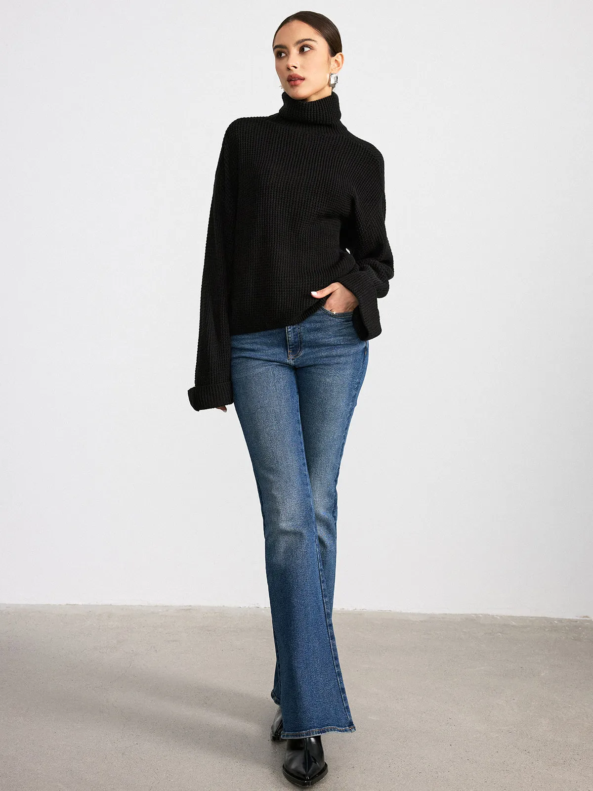 Turtleneck Waffle-Knit Long Sleeve Sweater sold by COMMENSE product image thumbnail 3