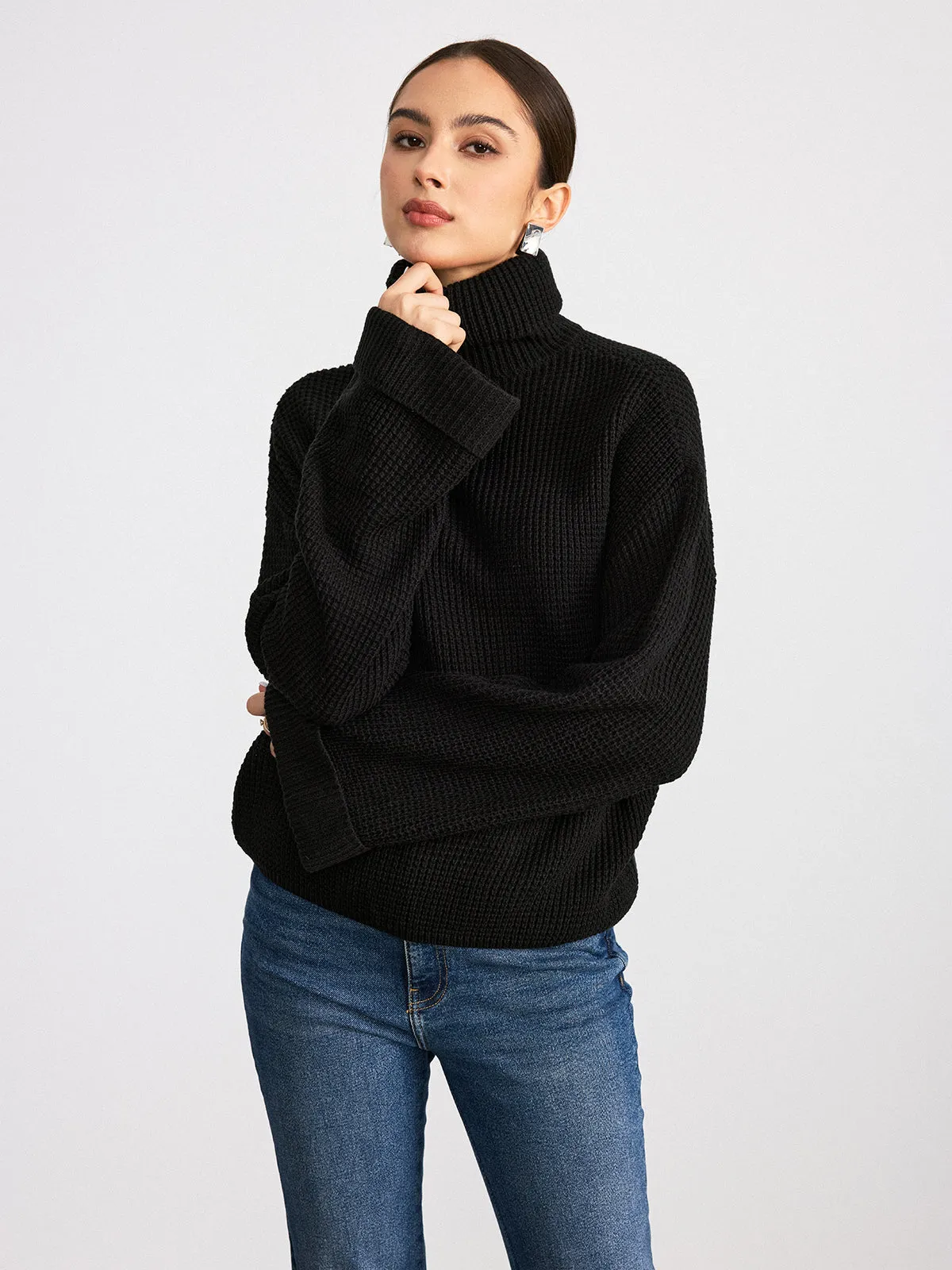 Turtleneck Waffle-Knit Long Sleeve Sweater sold by COMMENSE product image thumbnail 4