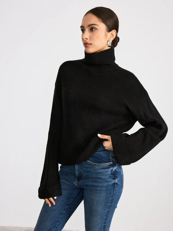 Turtleneck Waffle-Knit Flared Sleeve Sweater sold by COMMENSE