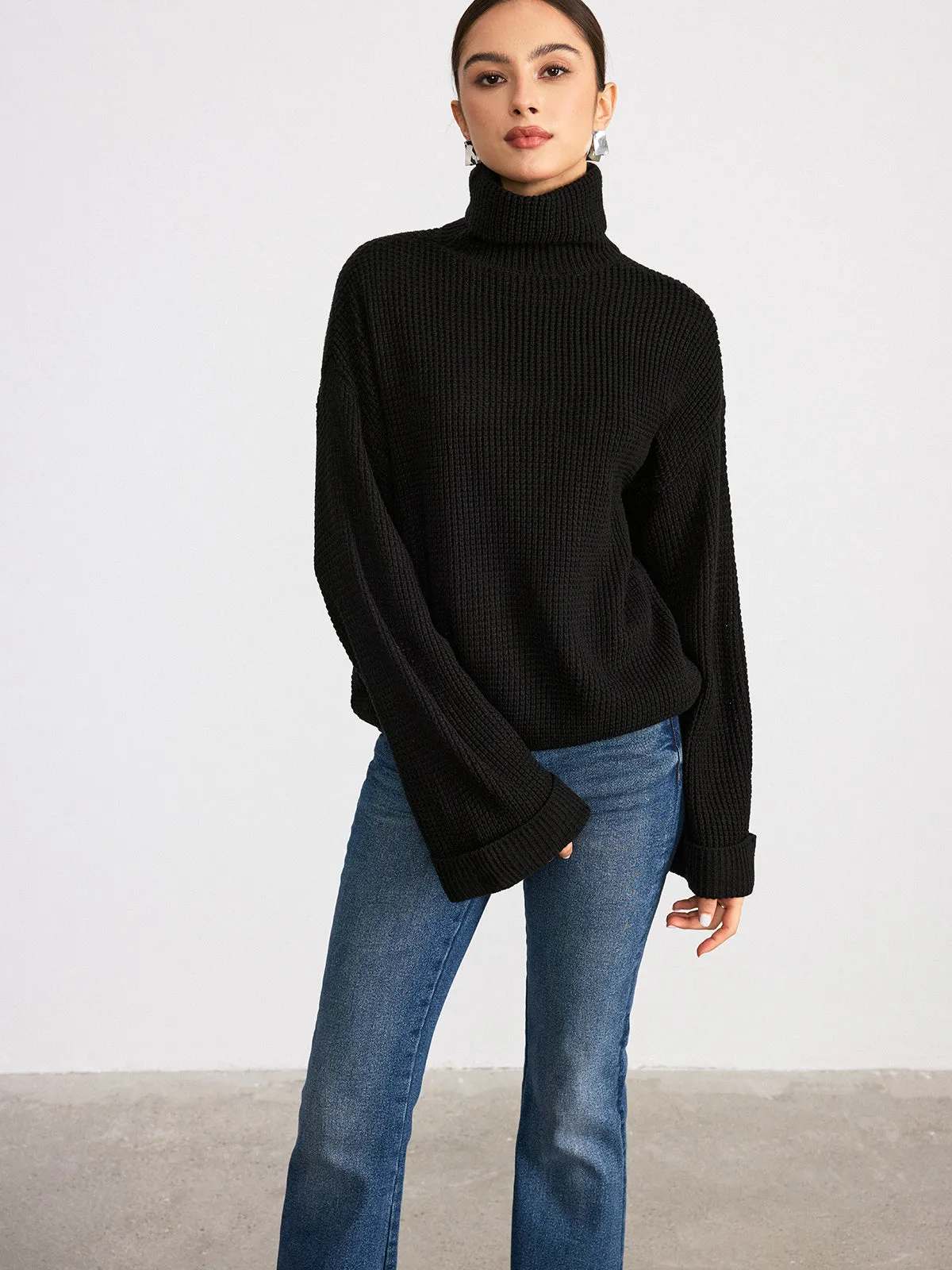 Turtleneck Waffle-Knit Long Sleeve Sweater sold by COMMENSE product image thumbnail 5