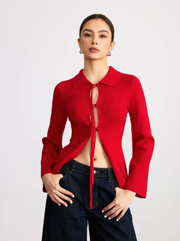 Adjustable Tie Detail Collared Knit Top sold by COMMENSE