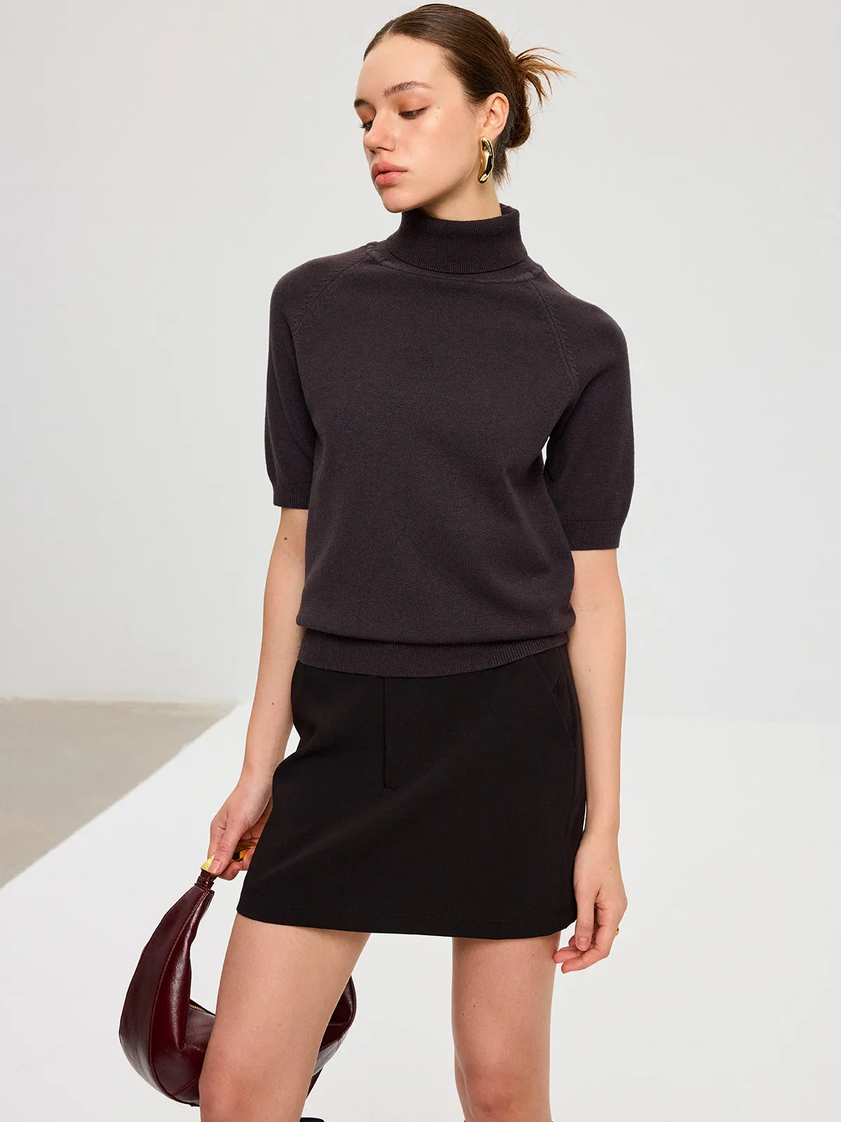 Turtleneck Short Puffed Sleeve Knit Top sold by COMMENSE