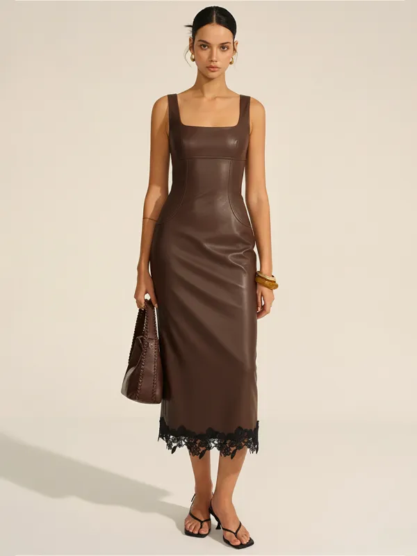 Lace Trim PU Leather Sleeveless Maxi Dress sold by COMMENSE