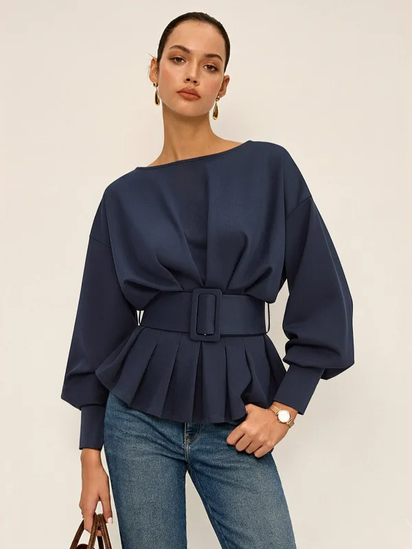 Boat Neck Peplum Sweatshirt with Wide Belt made by COMMENSE