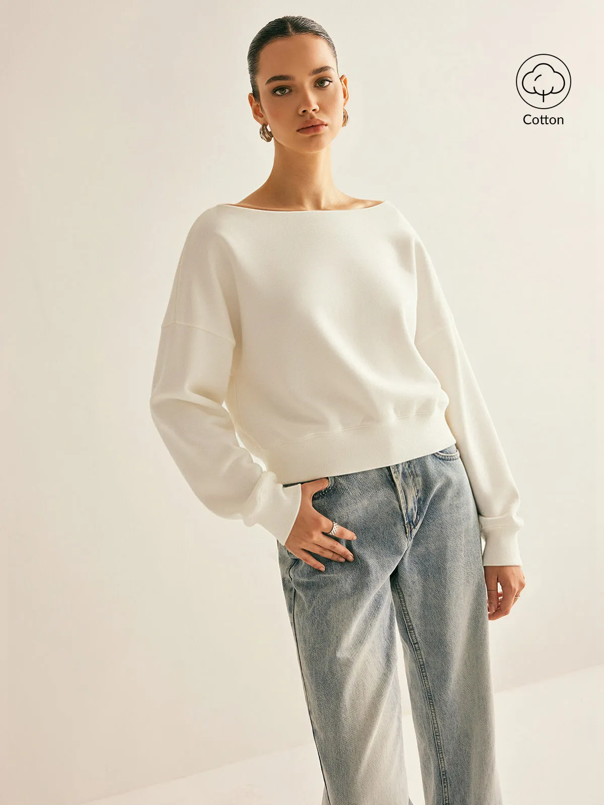 Off-Shoulder Cropped Fleece-Lined Sweatshirt sold by COMMENSE