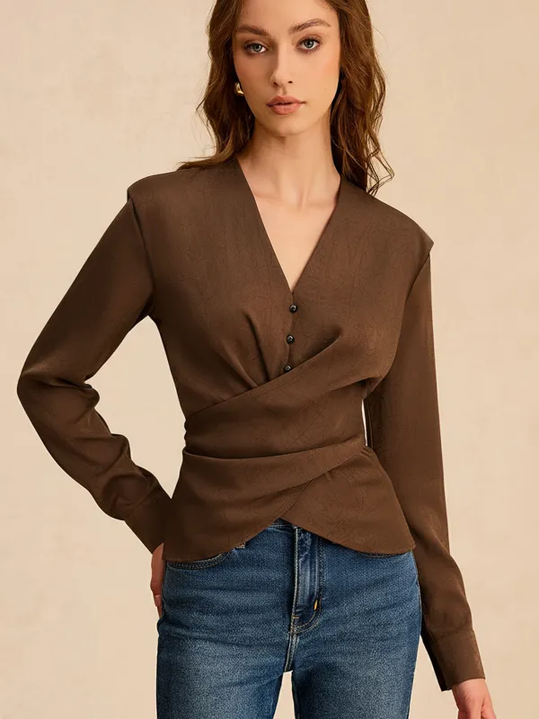 Satin V-Neck Cross-Front Blouse sold by COMMENSE