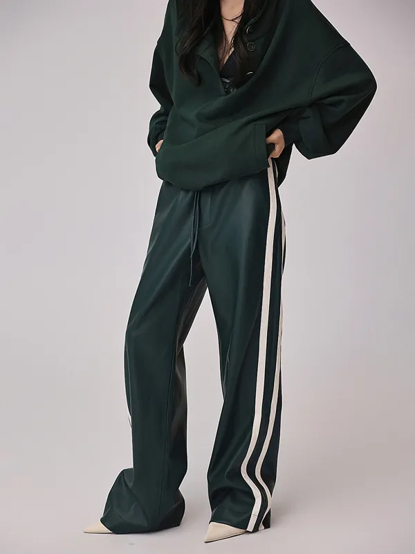 Striped High-Waisted PU Leather Drawstring Pants sold by COMMENSE