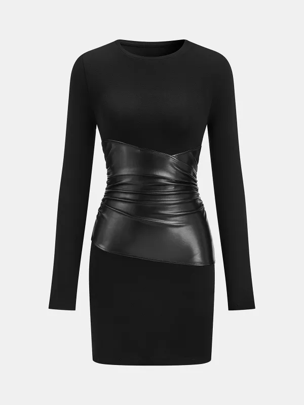 PU Leather Panel Long Sleeve Knit Dress made by COMMENSE