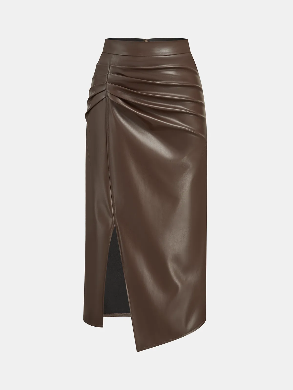 Ruched Slit PU Leather Midi Skirt sold by COMMENSE