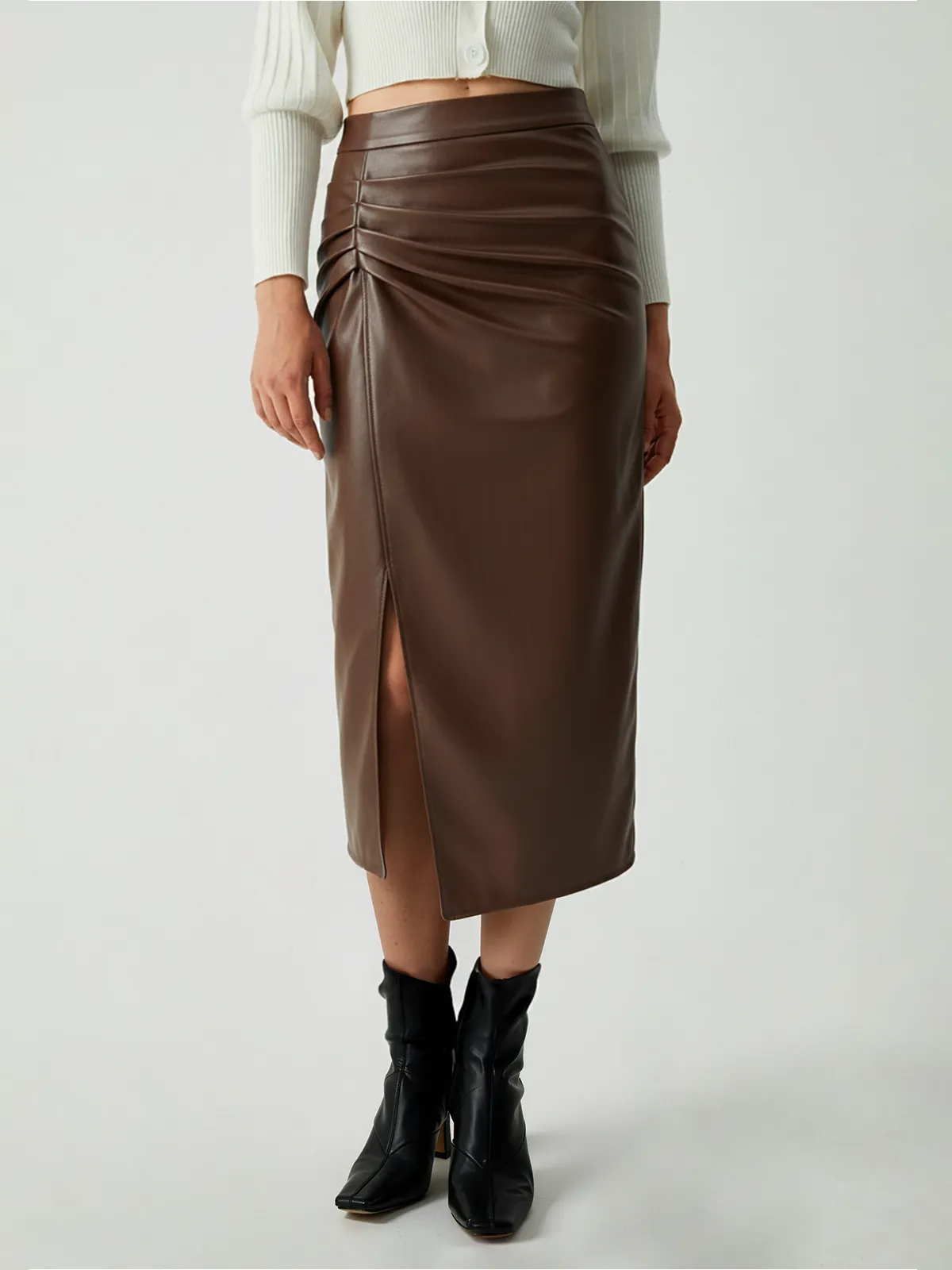 Ruched Slit PU Leather Midi Skirt sold by COMMENSE product image thumbnail 2