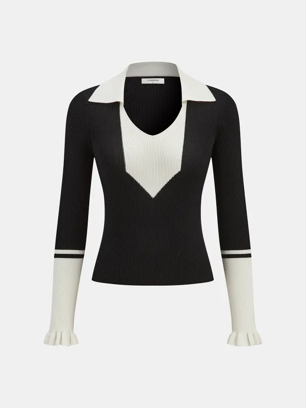 Ruffled Cuff Color-Block Collared Knit Top sold by COMMENSE